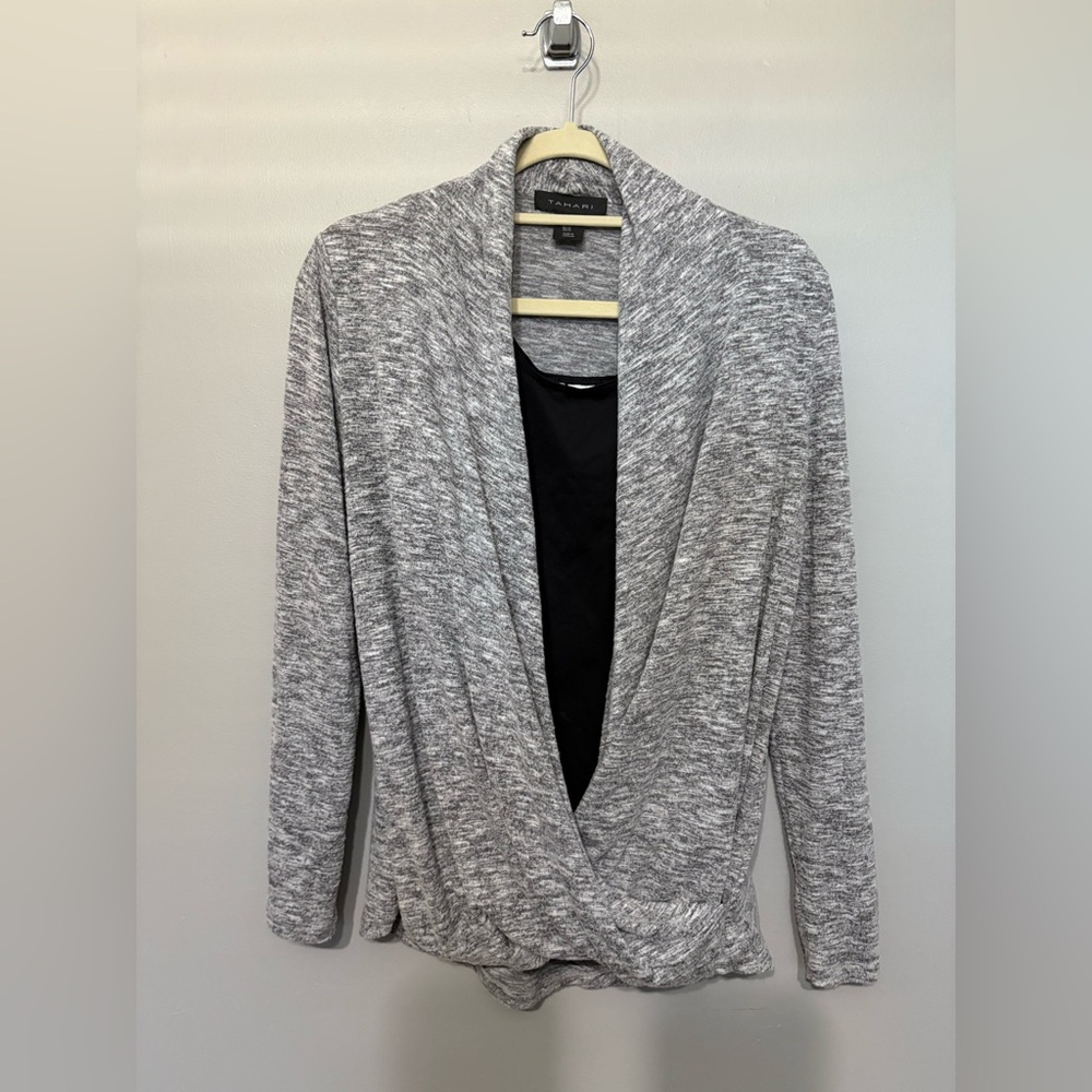 TAHARI Women's Gray Marled Pullover Crisscross Drape Front Sweater